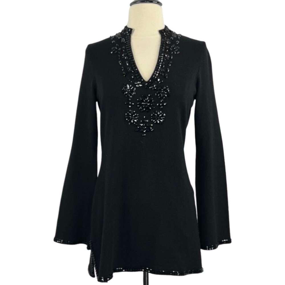 INC Silk/Angora Blend V-Neck Black Tunic with Black Gem Embellishments. Size S
